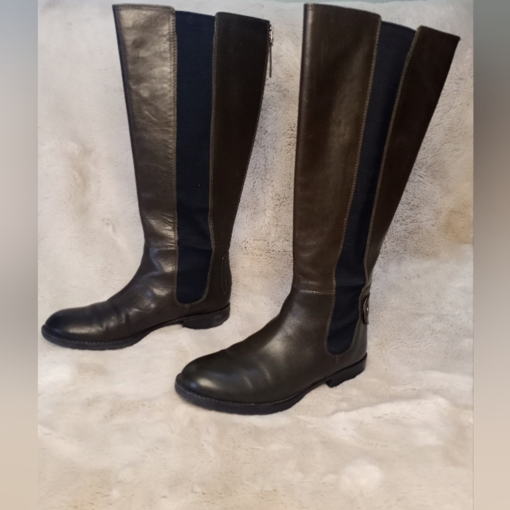 Franco Sarto Leather Tahini Moss Olive Green Boho Stretch Panel Wide Calf Boot 7 - Picture 3 of 16